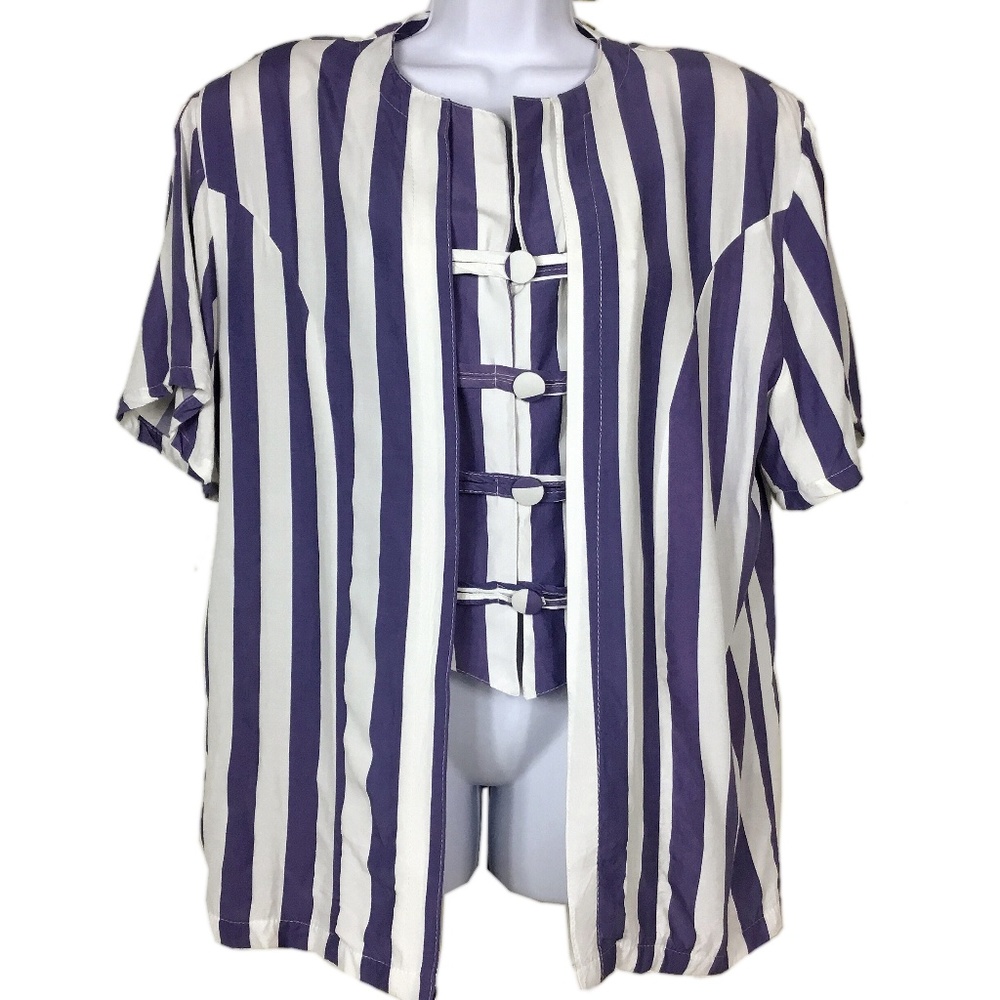 Vintage 1980s Purple White Striped Blouse Top